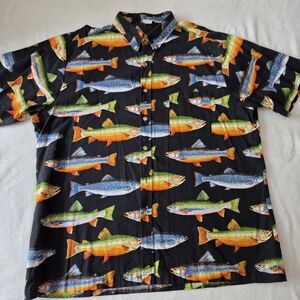 Vintage Angelica All Over Fish Print Hawaiian Button‎ Up XL Black Made In USA